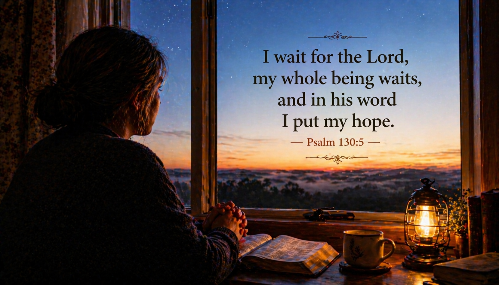 Person seated at window pre-dawn hours hands on open Bible face toward faint light outside warm lamp nearby -- Psalm 130:5 waiting wallpaper